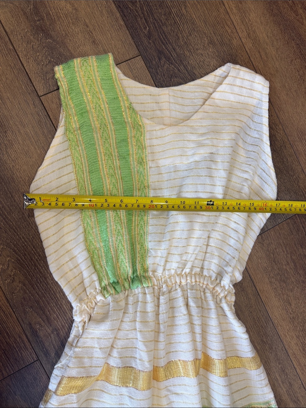 Ethiopian Dress. Cream Dress with Green & Gold Stripes - Picture 6 of 8